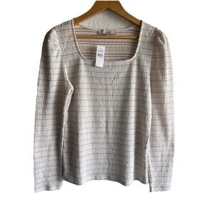 Loft NWT Size Large White Gold Square Neck Puff Sleeve Long Sleeve Top Career